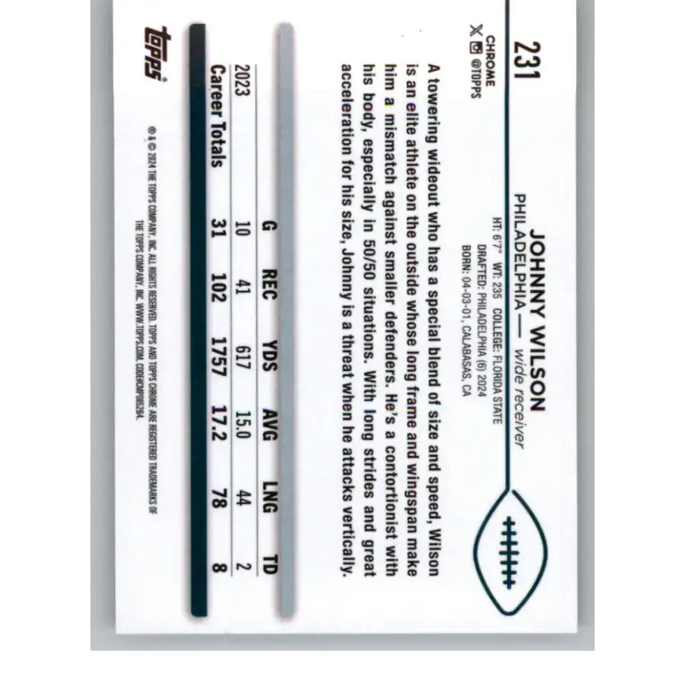 2024 Topps Chrome #231 Johnny Wilson NM-MT RC Rookie Philadelphia Eagles Football Card - Football Card Single