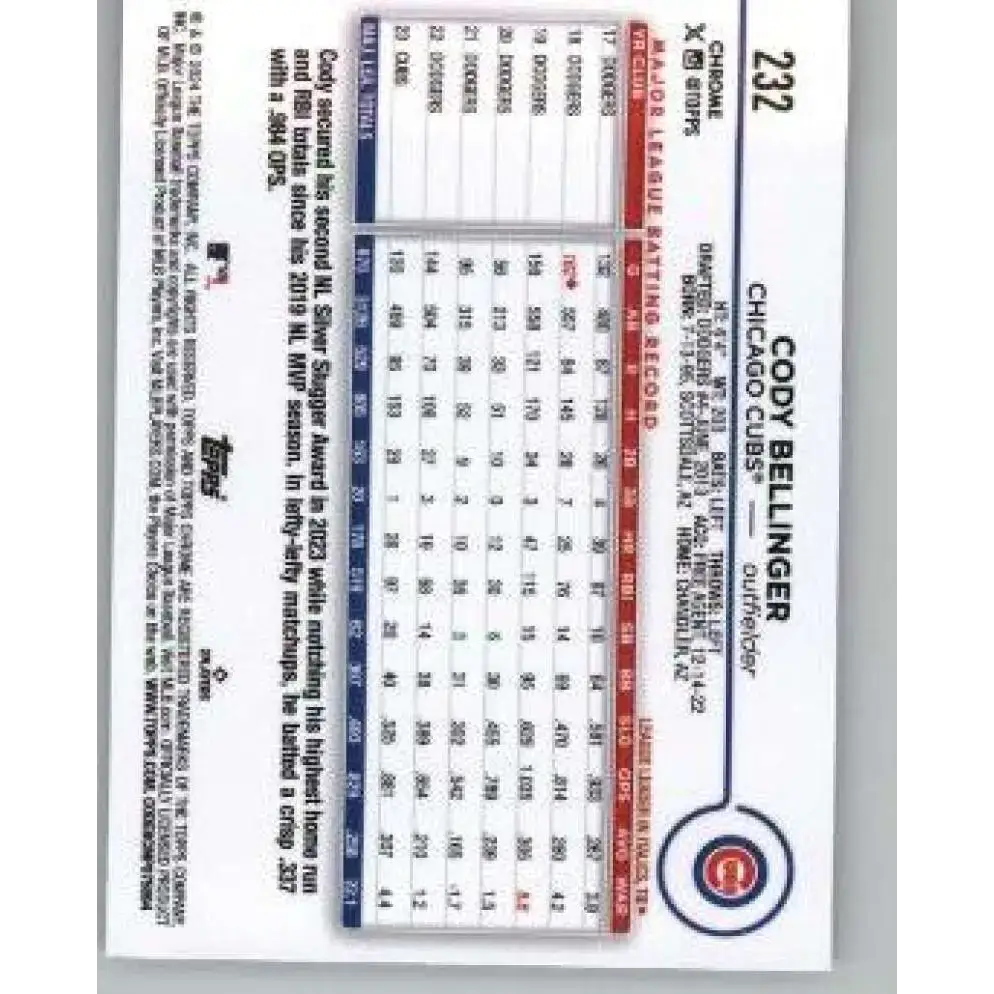 2024 Topps Chrome #232 Cody Bellinger NM-MT Chicago Cubs Baseball Card - Baseball Card Single