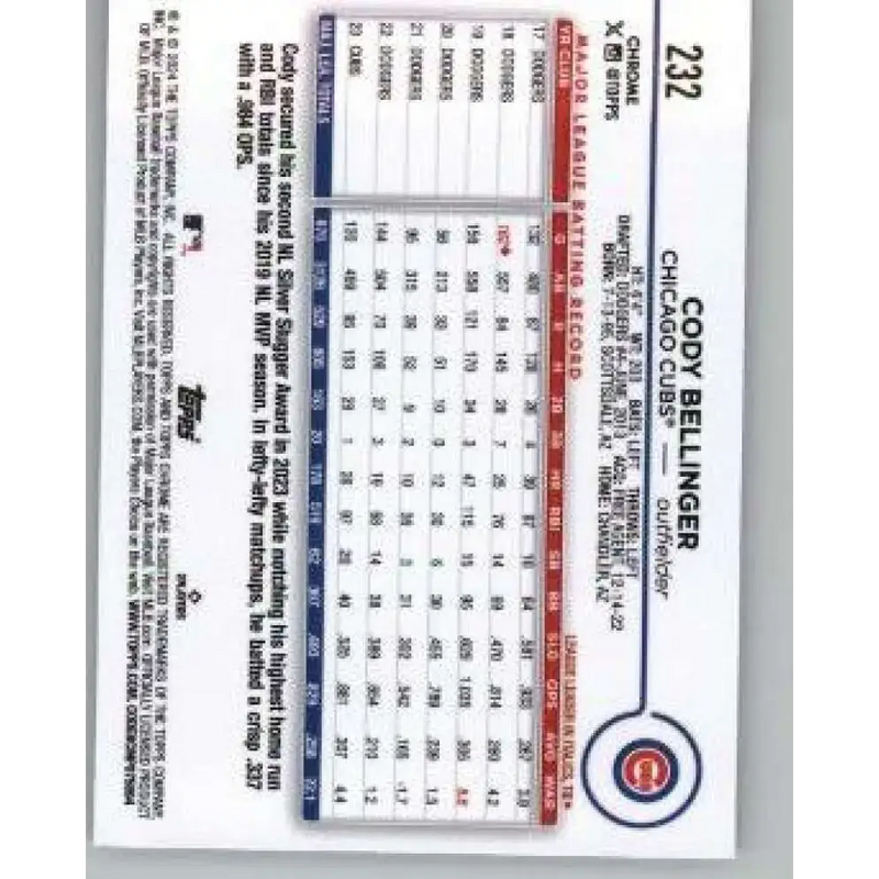 2024 Topps Chrome #232 Cody Bellinger NM-MT Chicago Cubs Baseball Card - Baseball Card Single