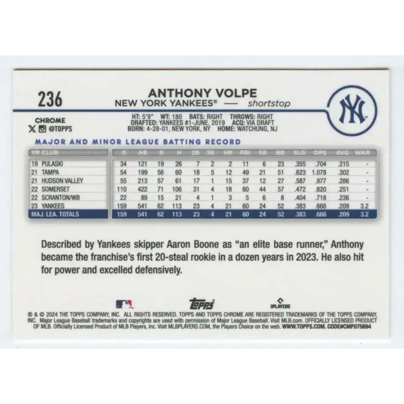 2024 Topps Chrome #236 Anthony Volpe NM-MT New York Yankees Baseball Card - Baseball Card Single