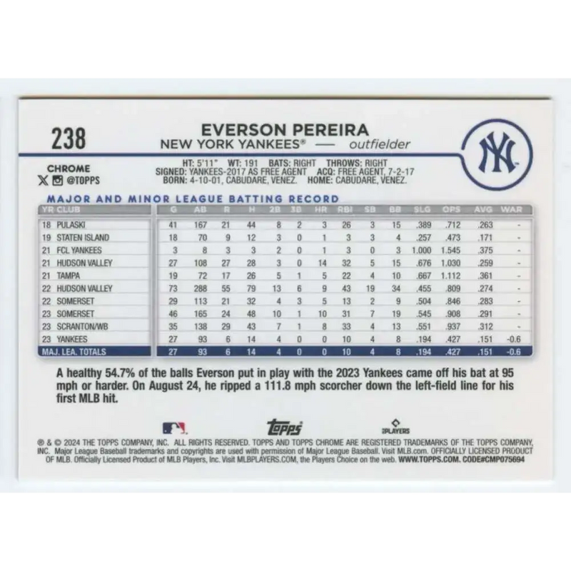 2024 Topps Chrome #238 Everson Pereira NM-MT RC Rookie New York Yankees Baseball Card - Baseball Card Single