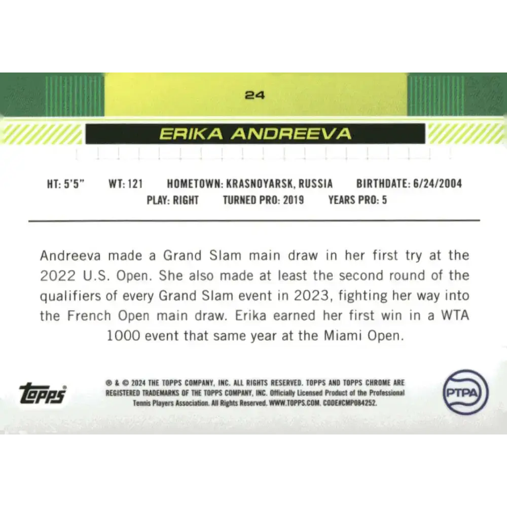 2024 Topps Chrome #24 Erika Andreeva EX Excellent RC Rookie Tennis Card - Tennis Card Single