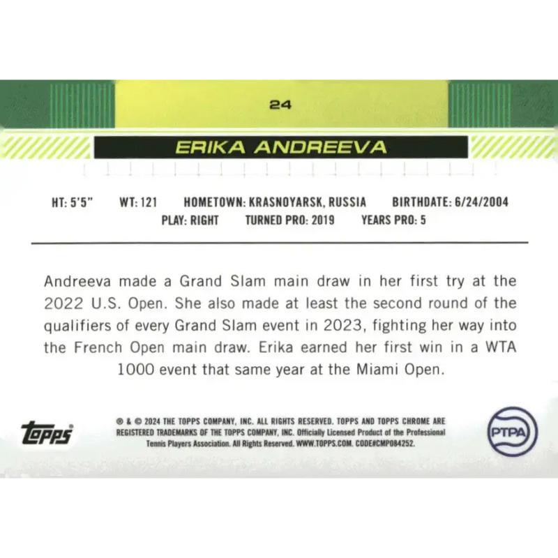 2024 Topps Chrome #24 Erika Andreeva EX Excellent RC Rookie Tennis Card - Tennis Card Single