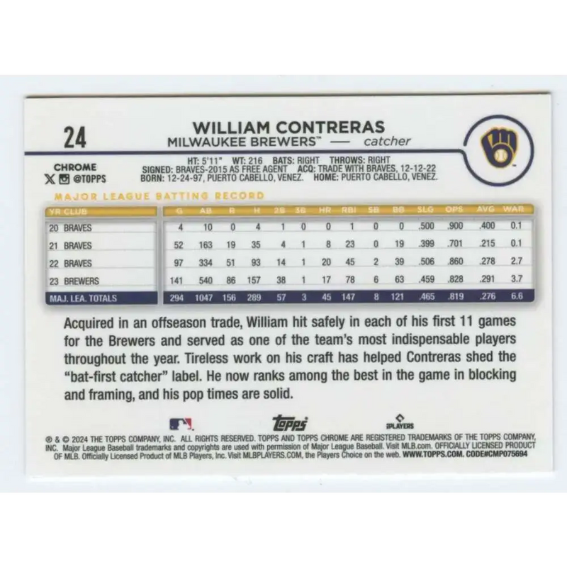 2024 Topps Chrome #24 William Contreras NM-MT Milwaukee Brewers Baseball Card - Baseball Card Single