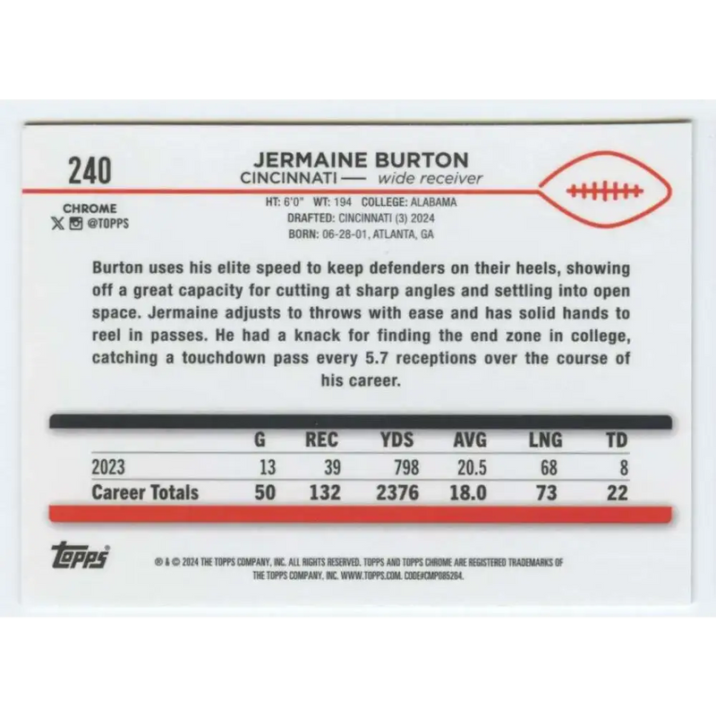 2024 Topps Chrome #240 Jermaine Burton NM-MT RC Rookie Cincinnati Bengals Football Card - Football Card Single