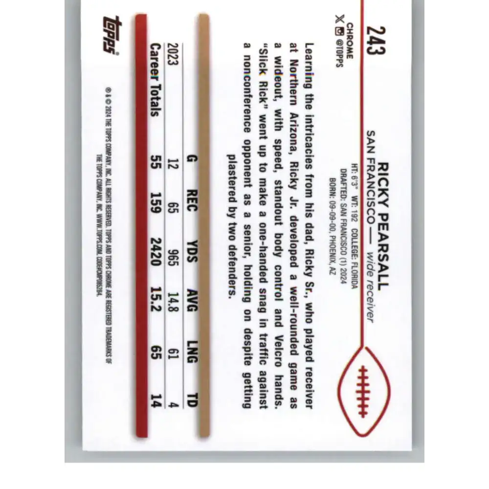 2024 Topps Chrome #243 Ricky Pearsall NM-MT RC Rookie San Francisco 49ers Football Card - Football Card Single
