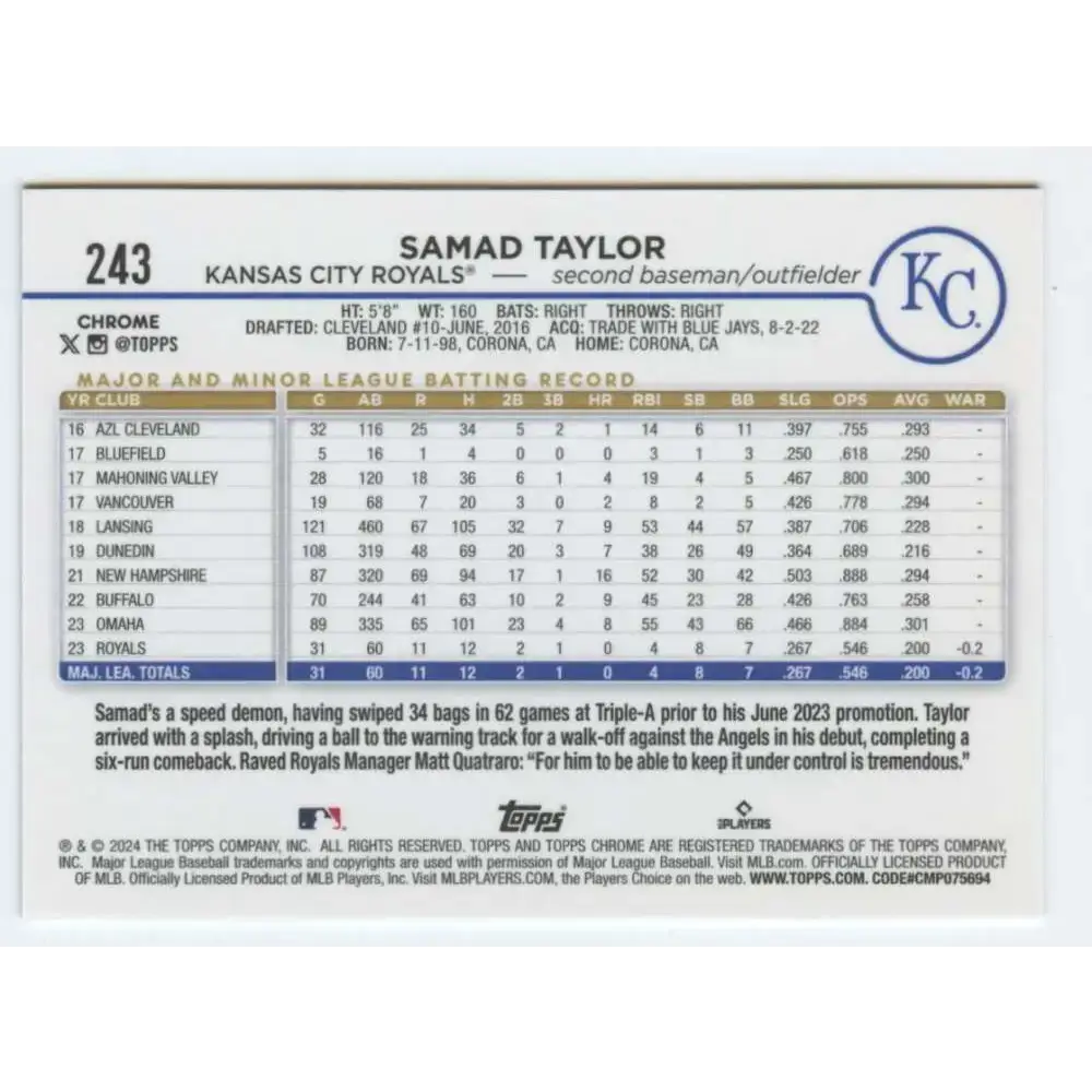 2024 Topps Chrome #243 Samad Taylor NM-MT RC Rookie Kansas City Royals Baseball Card - Baseball Card Single