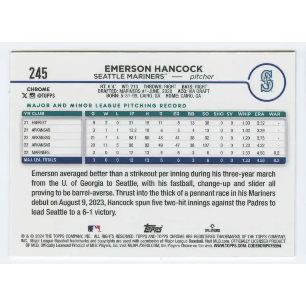 2024 Topps Chrome #245 Emerson Hancock NM-MT RC Rookie Seattle Mariners Baseball Card - Baseball Card Single
