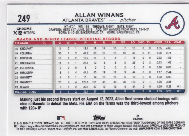2024 TOPPS CHROME #249 ALLAN WINANS SEPIA REFRACTOR- ATLANTA BRAVES - Baseball Card Single