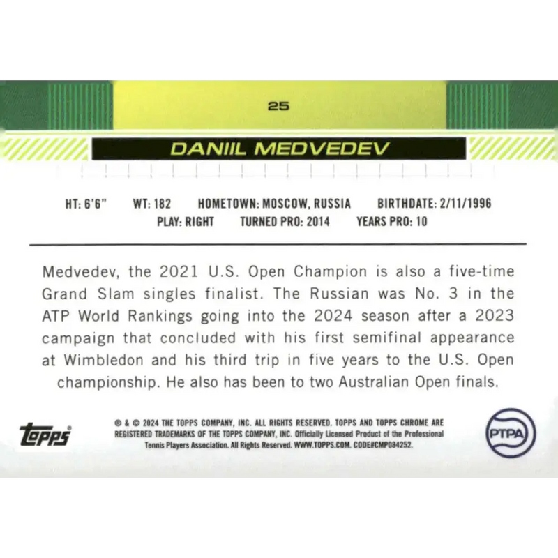 2024 Topps Chrome #25 Daniil Medvedev EX Excellent Tennis Card - Other