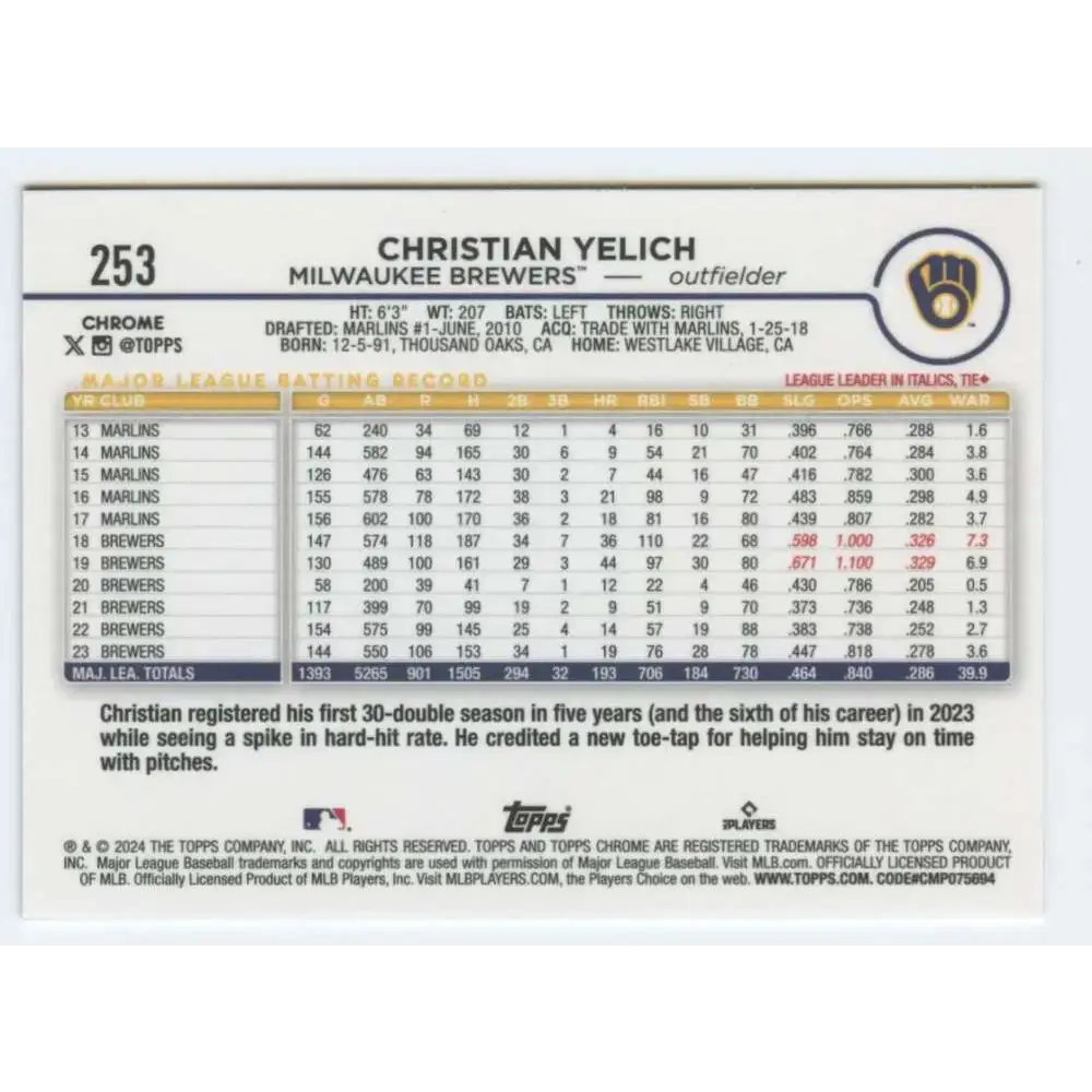 2024 Topps Chrome #253 Christian Yelich NM-MT Milwaukee Brewers Baseball Card - Baseball Card Single