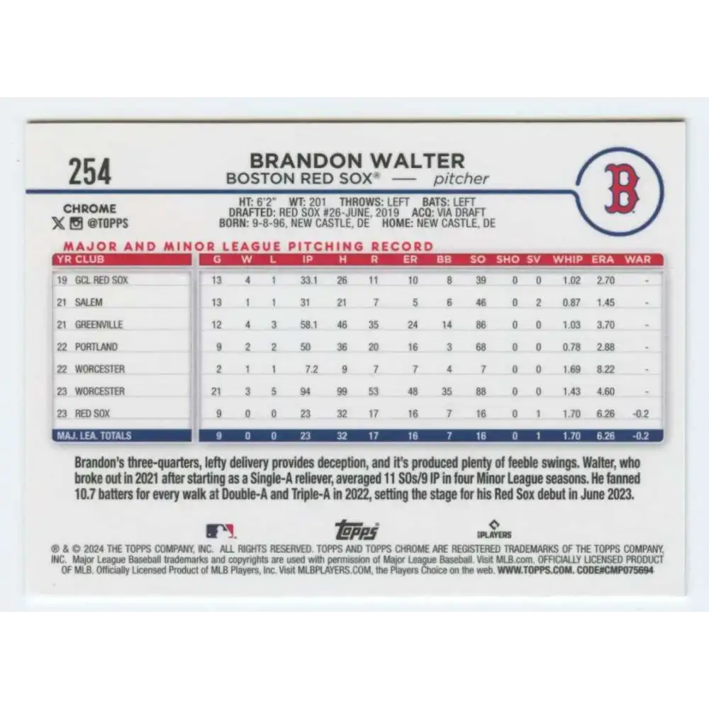 2024 Topps Chrome #254 Brandon Walter NM-MT RC Rookie Boston Red Sox Baseball Card - Baseball Card Single