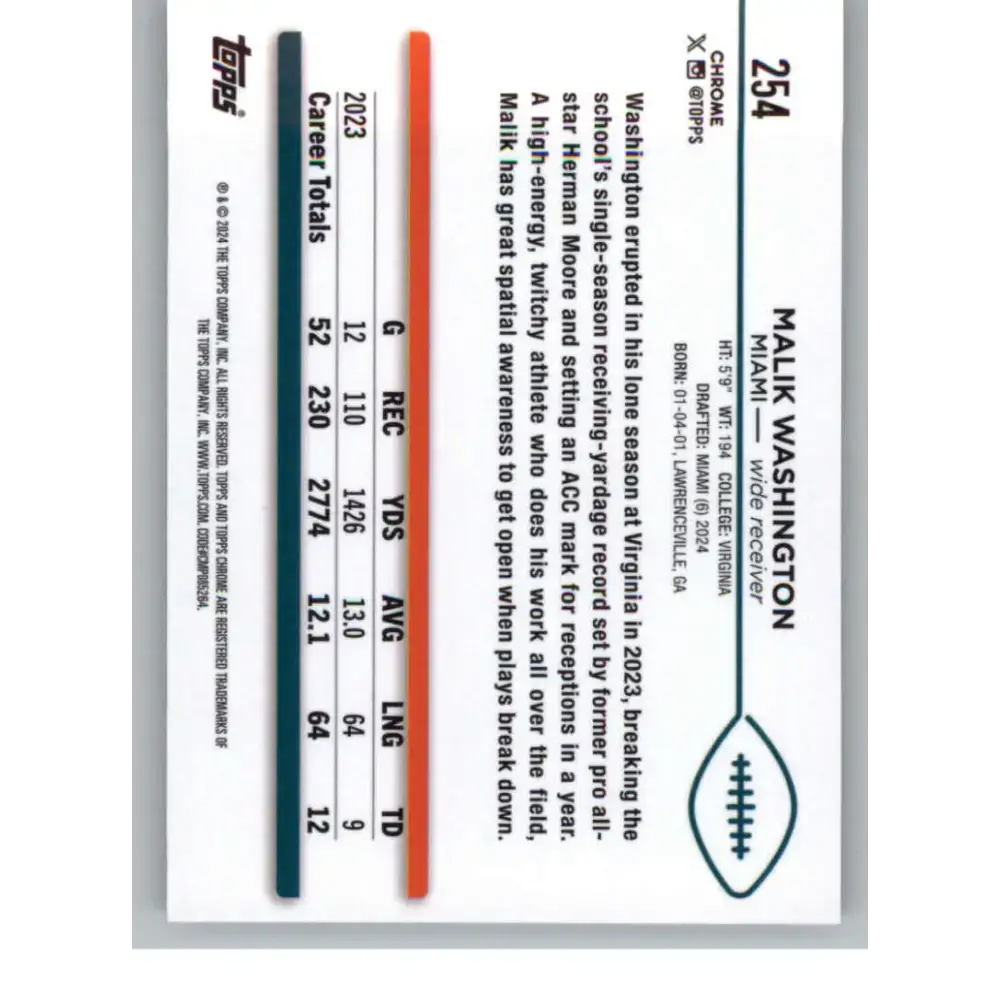 2024 Topps Chrome #254 Malik Washington NM-MT RC Rookie Miami Dolphins Football Card - Football Card Single
