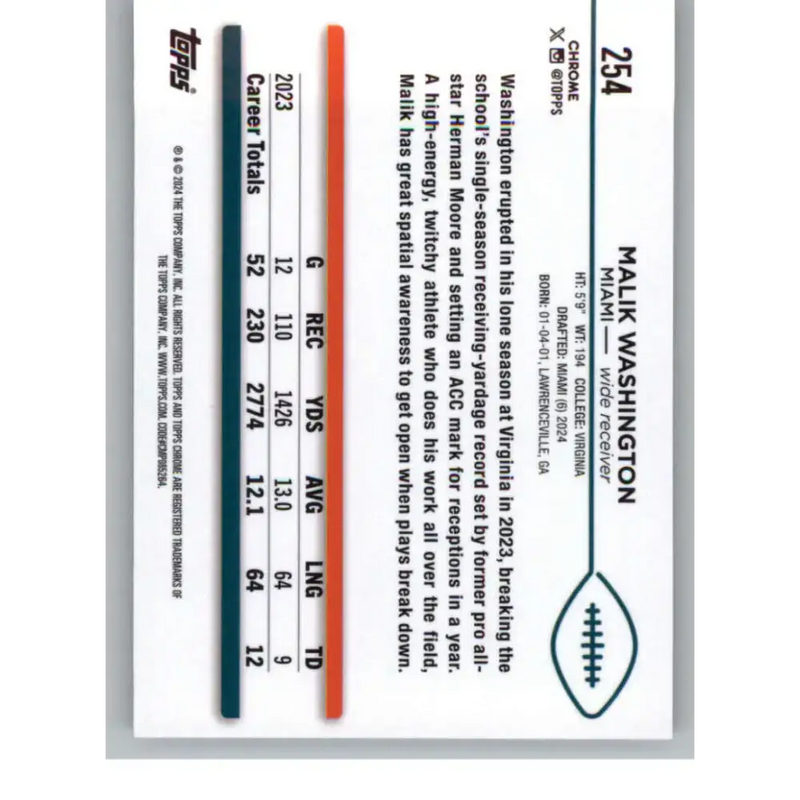 2024 Topps Chrome #254 Malik Washington NM-MT RC Rookie Miami Dolphins Football Card - Football Card Single