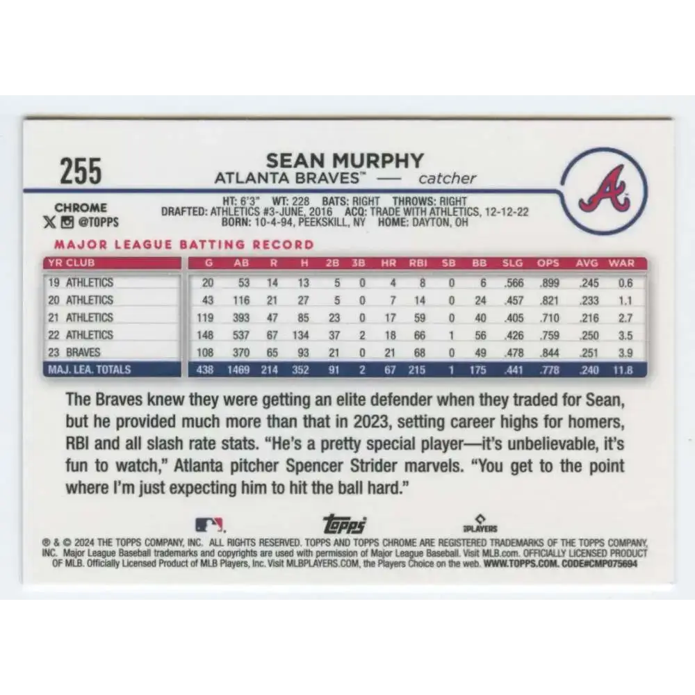 2024 Topps Chrome #255 Sean Murphy NM-MT Atlanta Braves Baseball Card - Baseball Card Single
