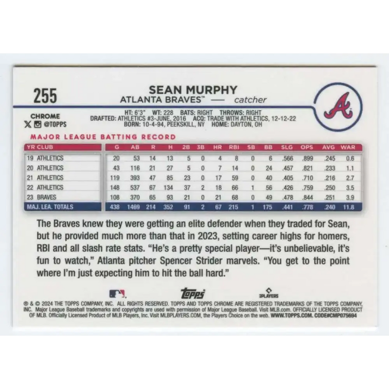 2024 Topps Chrome #255 Sean Murphy NM-MT Atlanta Braves Baseball Card - Baseball Card Single