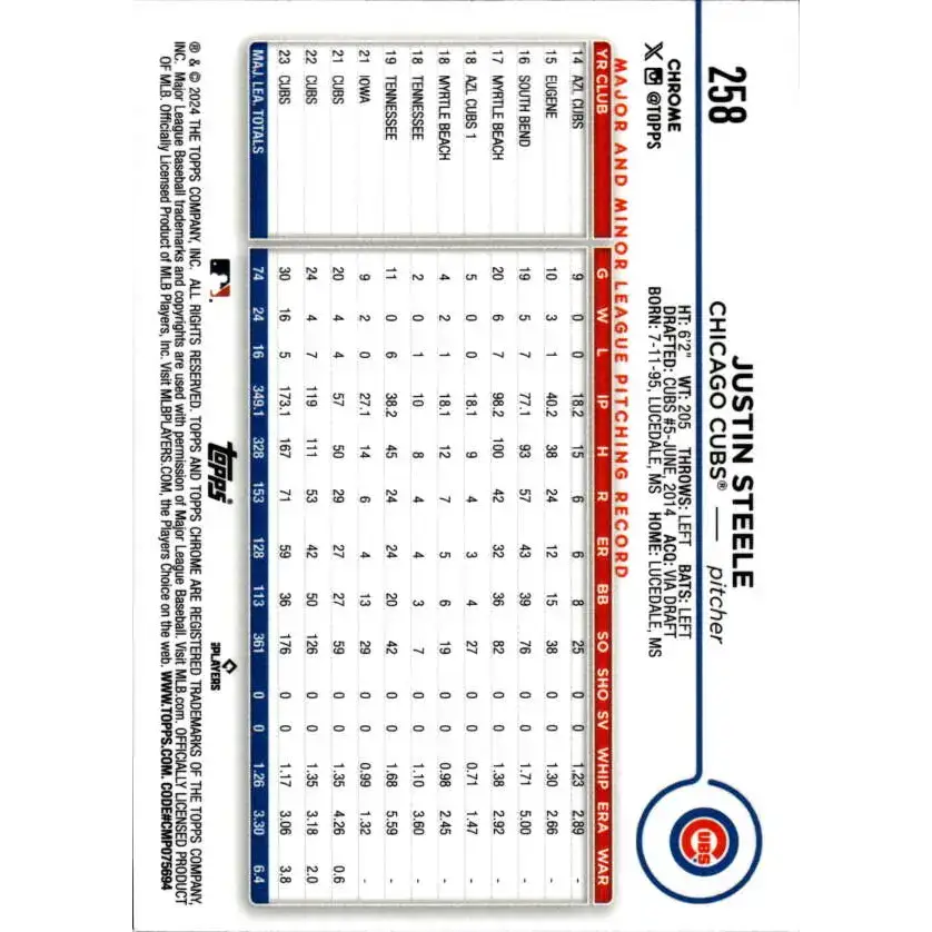 2024 Topps Chrome #258 Justin Steele NM-MT Chicago Cubs Baseball Card - Baseball Card Single