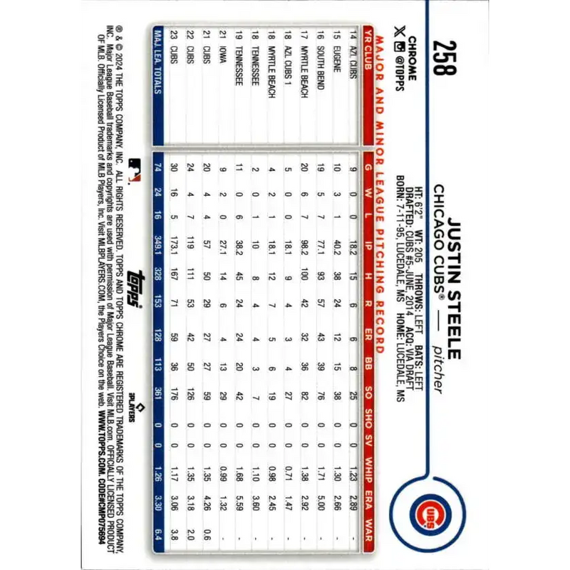 2024 Topps Chrome #258 Justin Steele NM-MT Chicago Cubs Baseball Card - Baseball Card Single