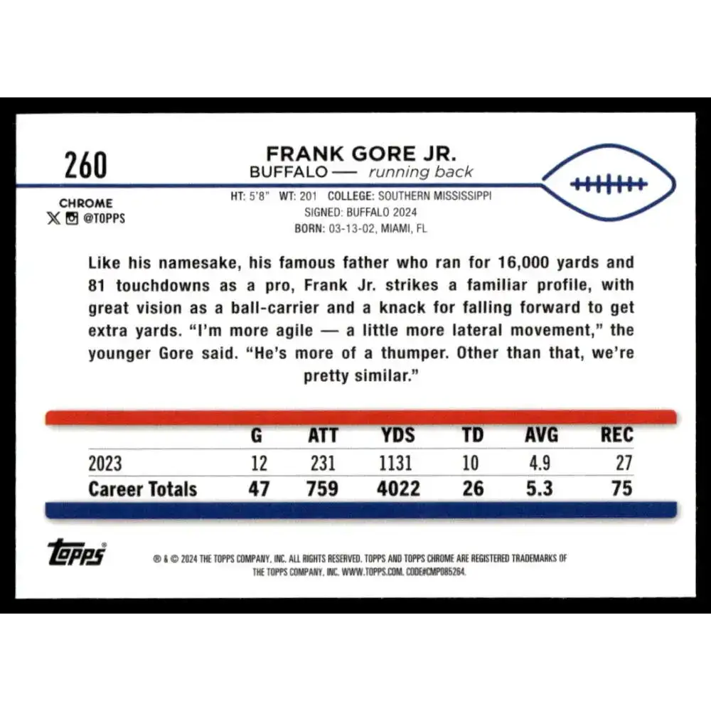 2024 Topps Chrome #260 Frank Gore Jr. NM-MT RC Rookie Buffalo Bills Football Card - Football Card Single