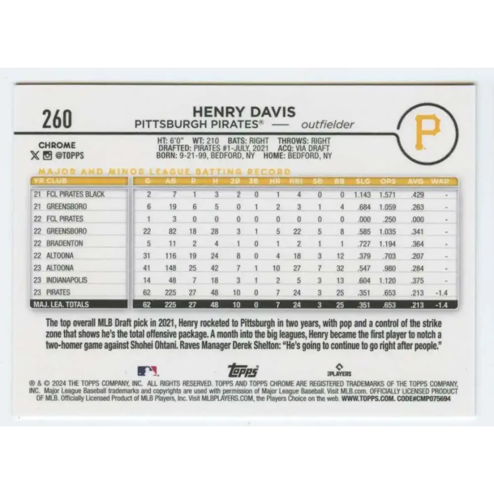 2024 Topps Chrome #260 Henry Davis NM-MT RC Rookie Pittsburgh Pirates Baseball Card - Baseball Card Single