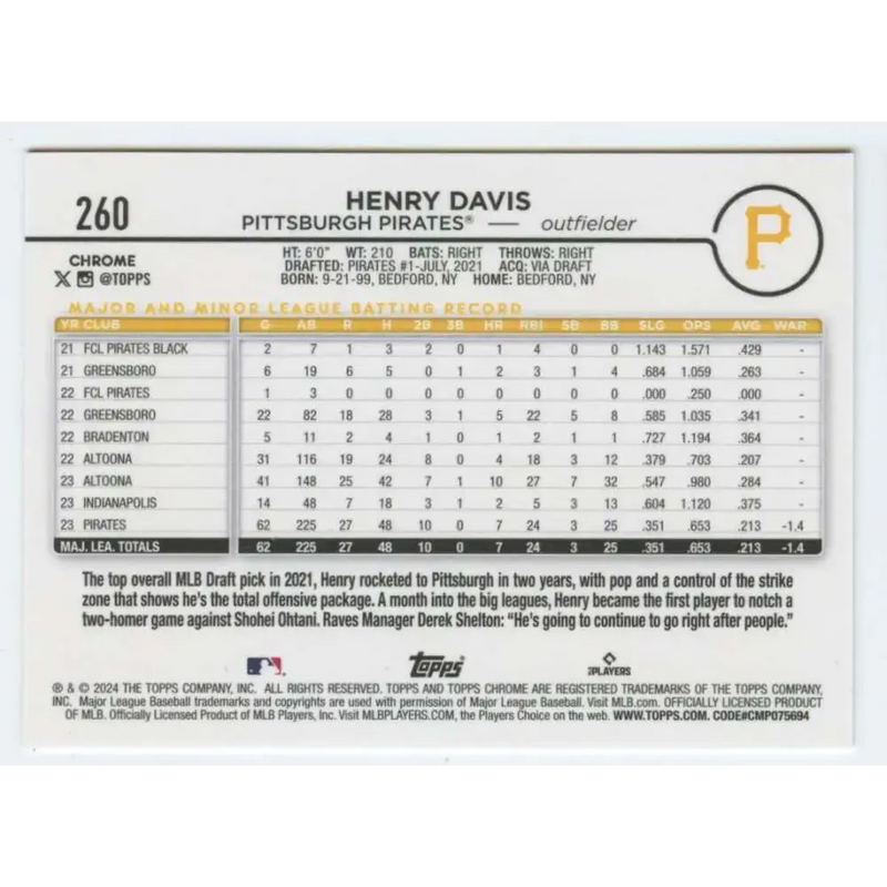 2024 Topps Chrome #260 Henry Davis NM-MT RC Rookie Pittsburgh Pirates Baseball Card - Baseball Card Single