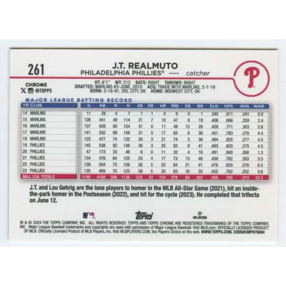 2024 Topps Chrome #261 J.T. Realmuto NM-MT Philadelphia Phillies Baseball Card - Baseball Card Single