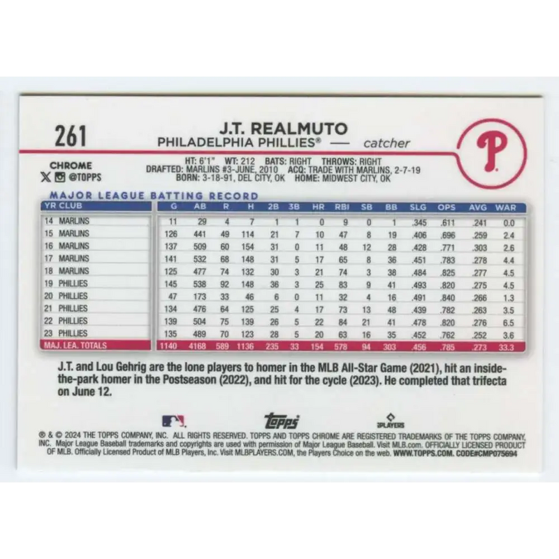 2024 Topps Chrome #261 J.T. Realmuto NM-MT Philadelphia Phillies Baseball Card - Baseball Card Single
