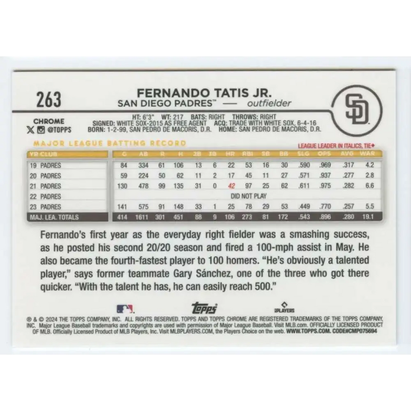 2024 Topps Chrome #263 Fernando Tatis Jr. NM-MT San Diego Padres Baseball Card - Baseball Card Single