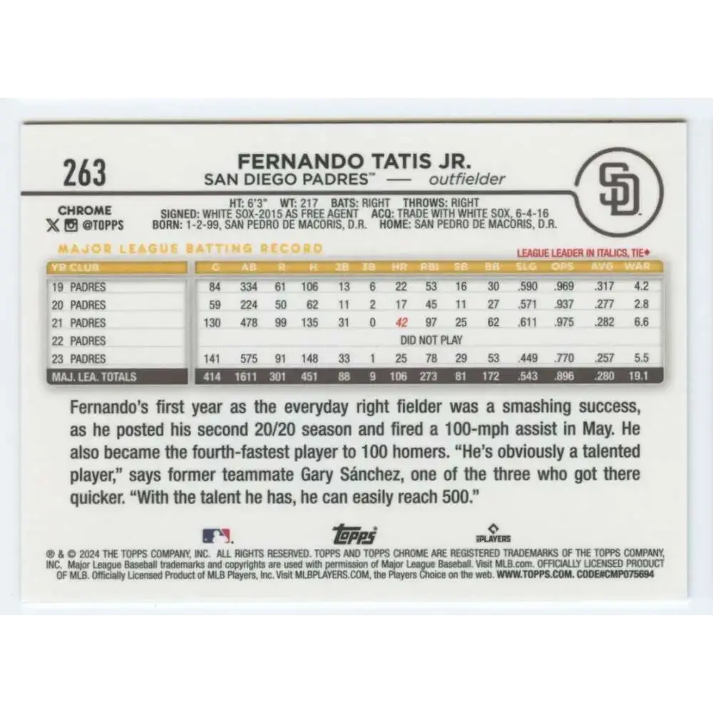 2024 Topps Chrome #263 Fernando Tatis Jr. NM-MT San Diego Padres Baseball Card - Baseball Card Single