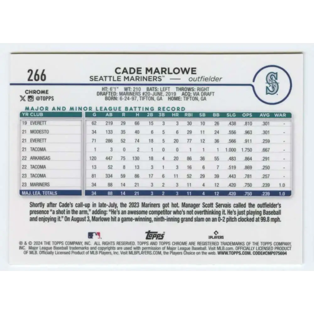 2024 Topps Chrome #266 Cade Marlowe NM-MT RC Rookie Seattle Mariners Baseball Card - Baseball Card Single