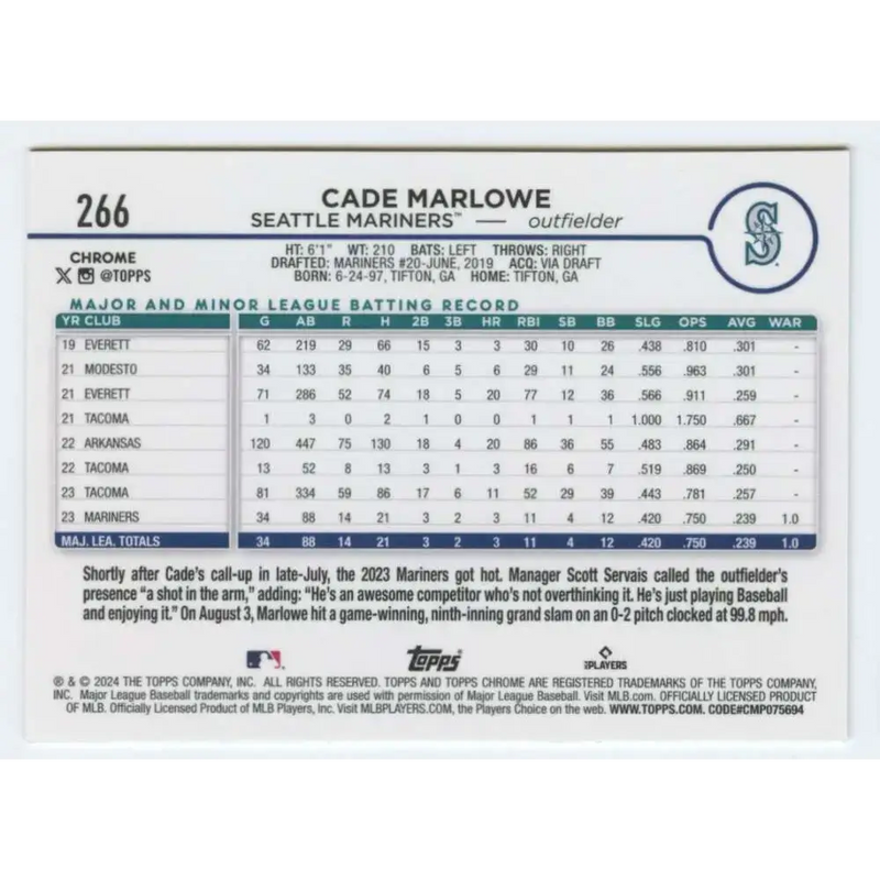 2024 Topps Chrome #266 Cade Marlowe NM-MT RC Rookie Seattle Mariners Baseball Card - Baseball Card Single