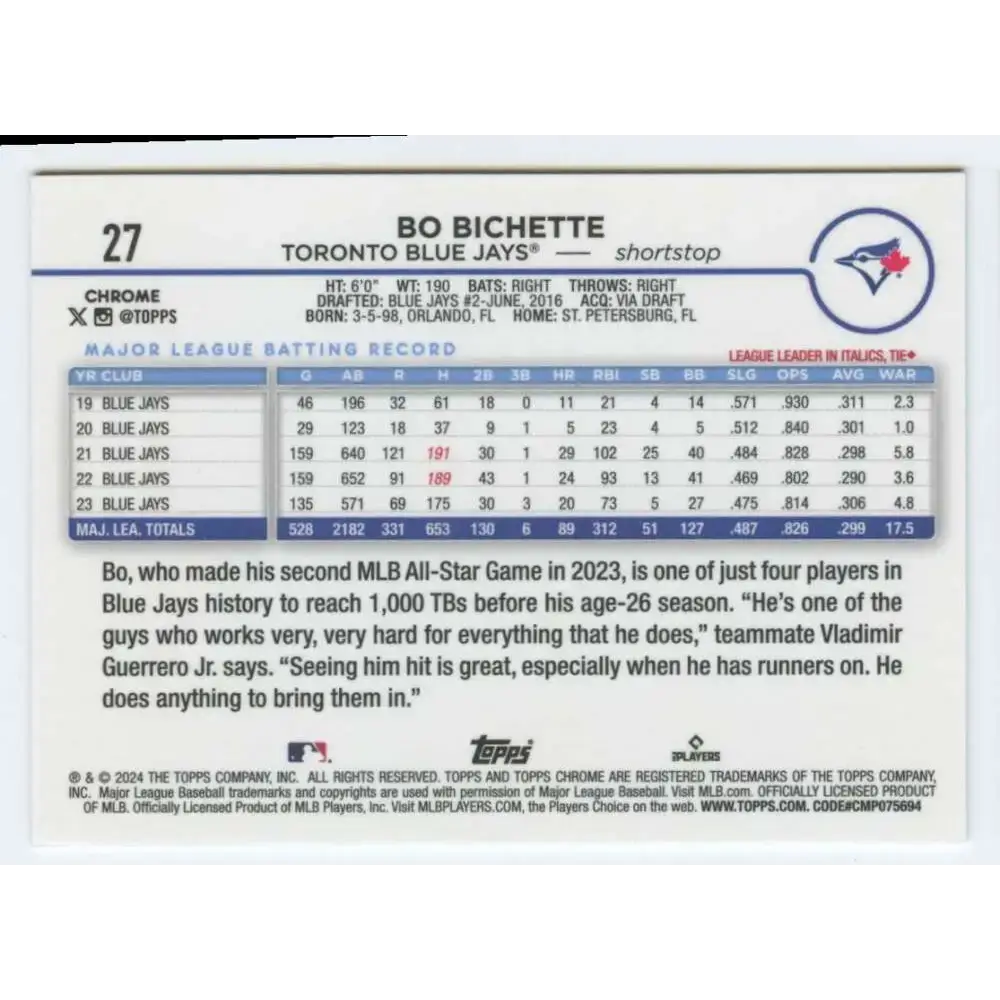 2024 Topps Chrome #27 Bo Bichette NM-MT Toronto Blue Jays Baseball Card - Baseball Card Single