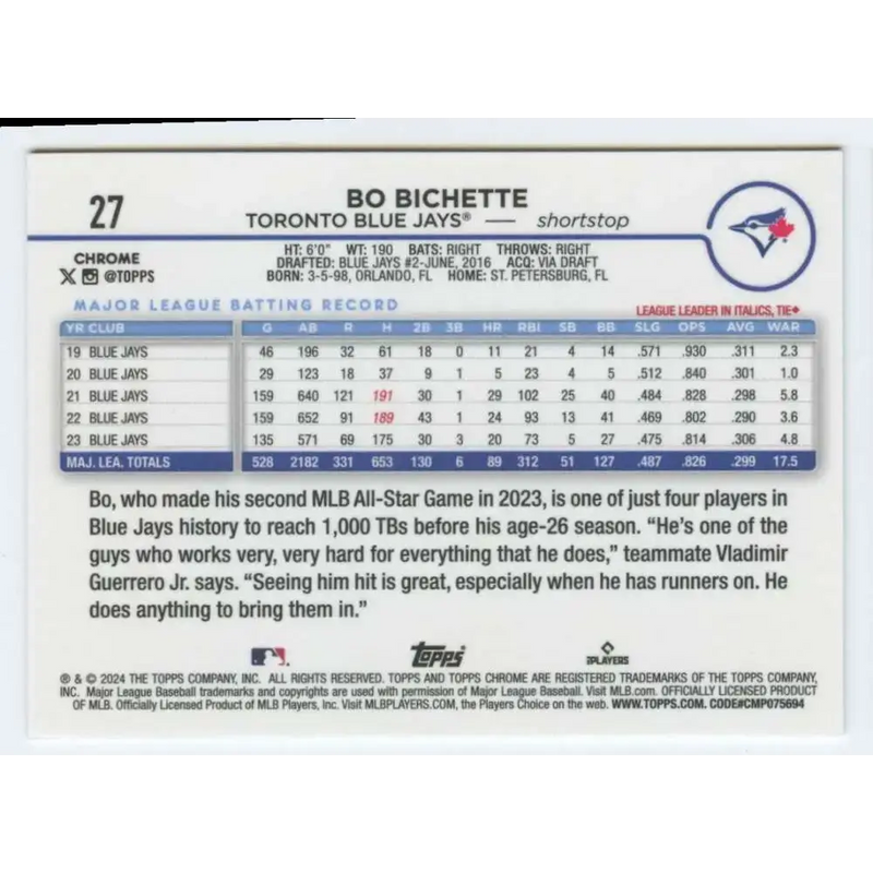 2024 Topps Chrome #27 Bo Bichette NM-MT Toronto Blue Jays Baseball Card - Baseball Card Single