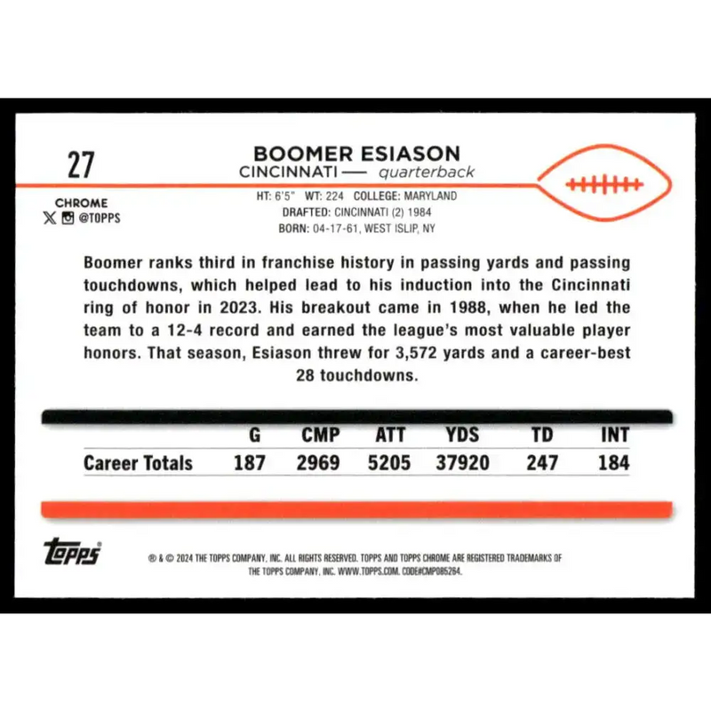 2024 Topps Chrome #27 Boomer Esiason NM-MT Cincinnati Bengals Football Card - Football Card Single