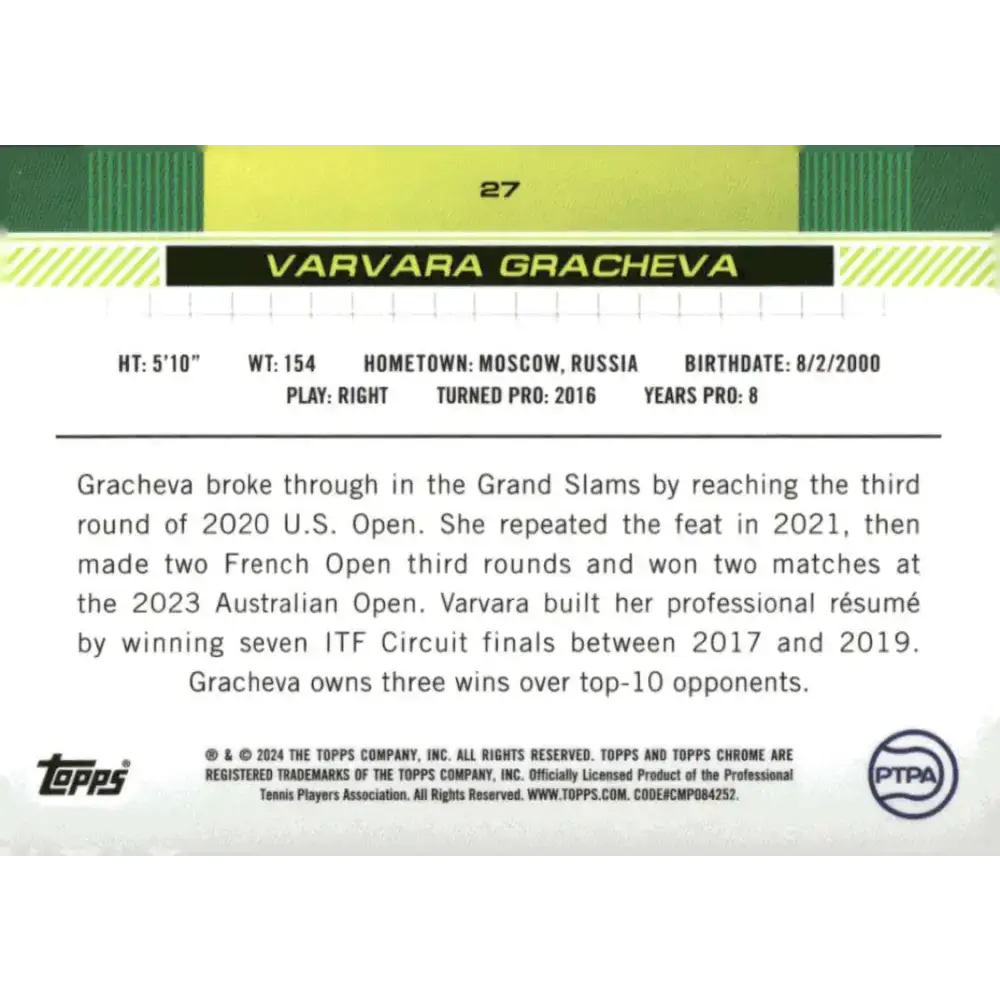 2024 Topps Chrome #27 Varvara Gracheva EX Excellent Tennis Card - Other