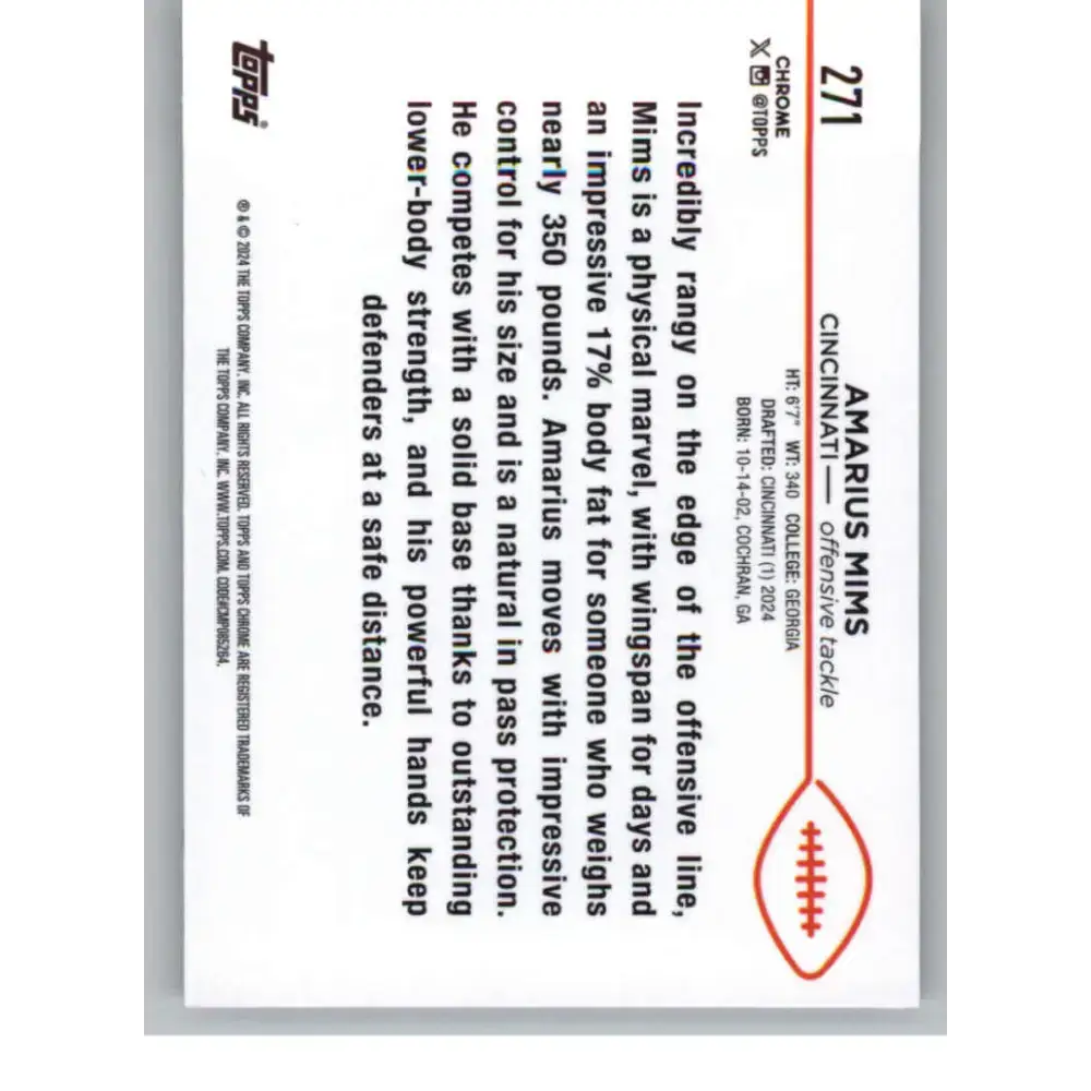 2024 Topps Chrome #271 Amarius Mims NM-MT RC Rookie Cincinnati Bengals Football Card - Football Card Single