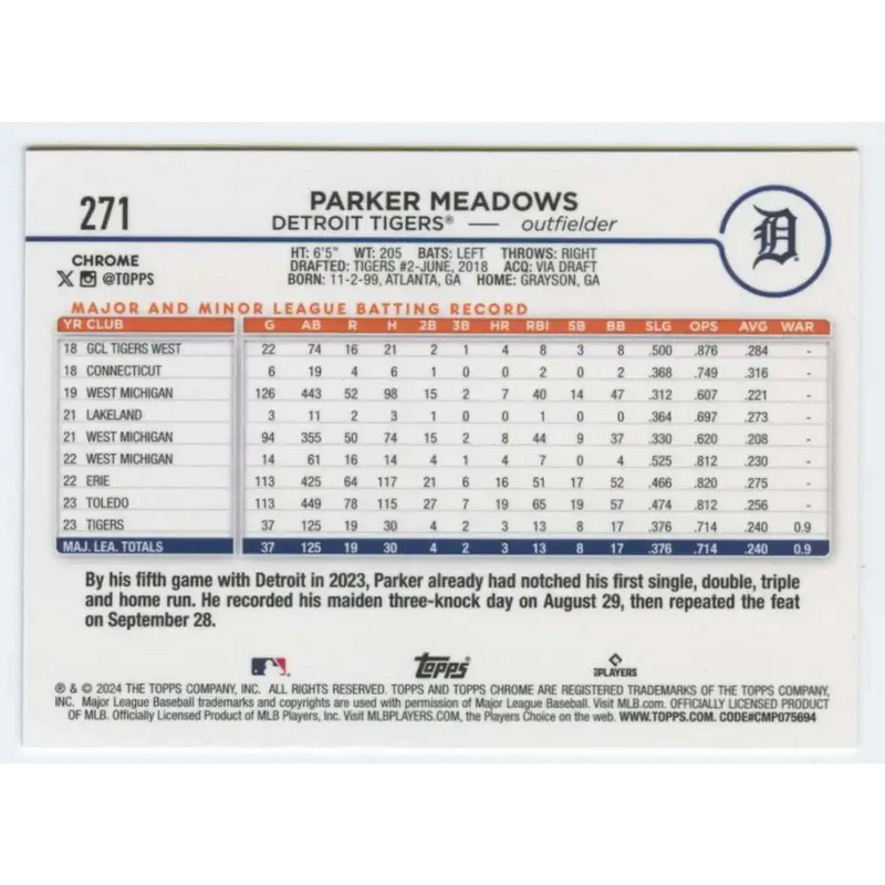 2024 Topps Chrome #271 Parker Meadows NM-MT RC Rookie Detroit Tigers Baseball Card - Baseball Card Single