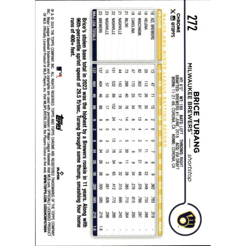 2024 Topps Chrome #272 Brice Turang NM-MT Milwaukee Brewers Baseball Card - Baseball Card Single
