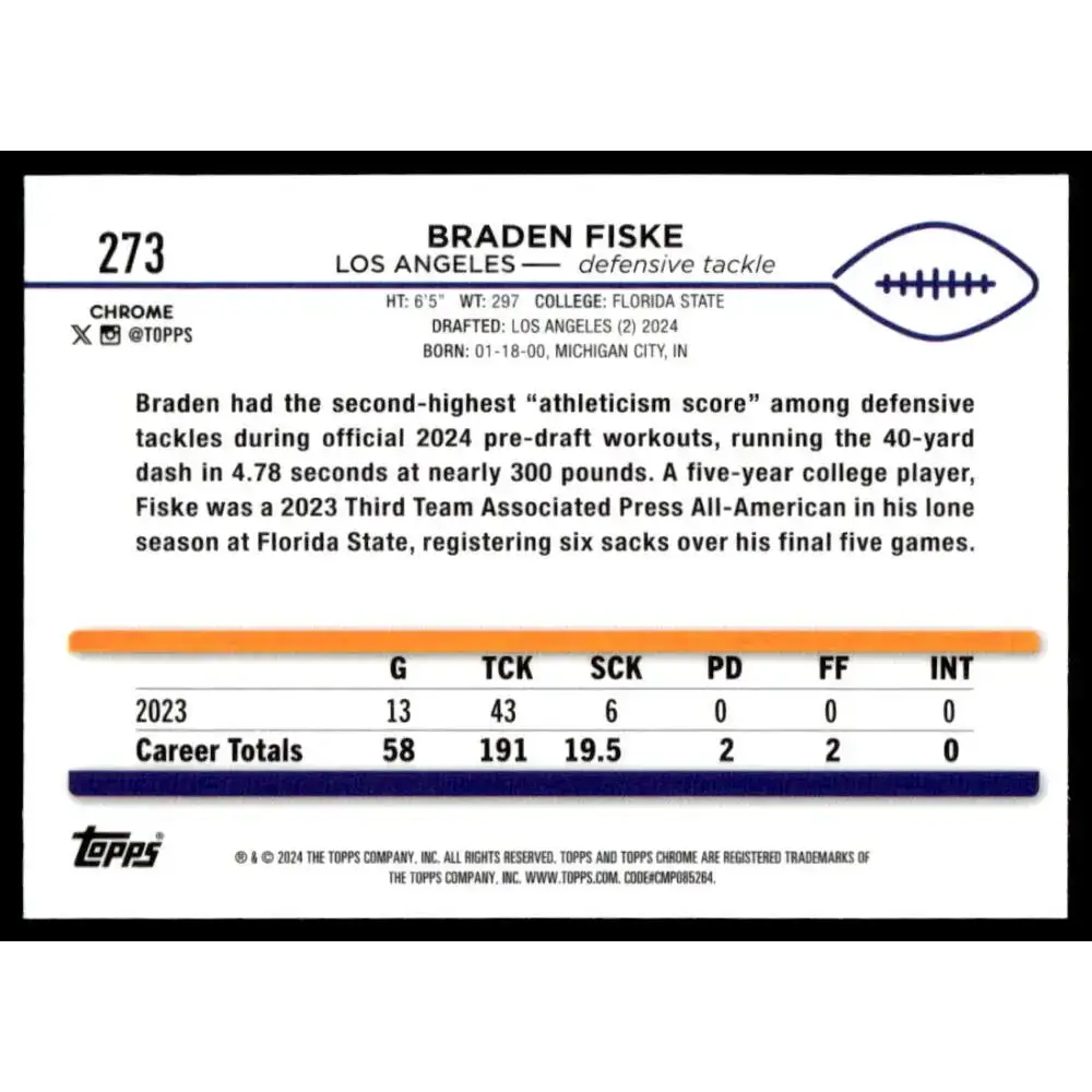 2024 Topps Chrome #273 Braden Fiske NM-MT RC Rookie Los Angeles Rams Football Card - Football Card Single