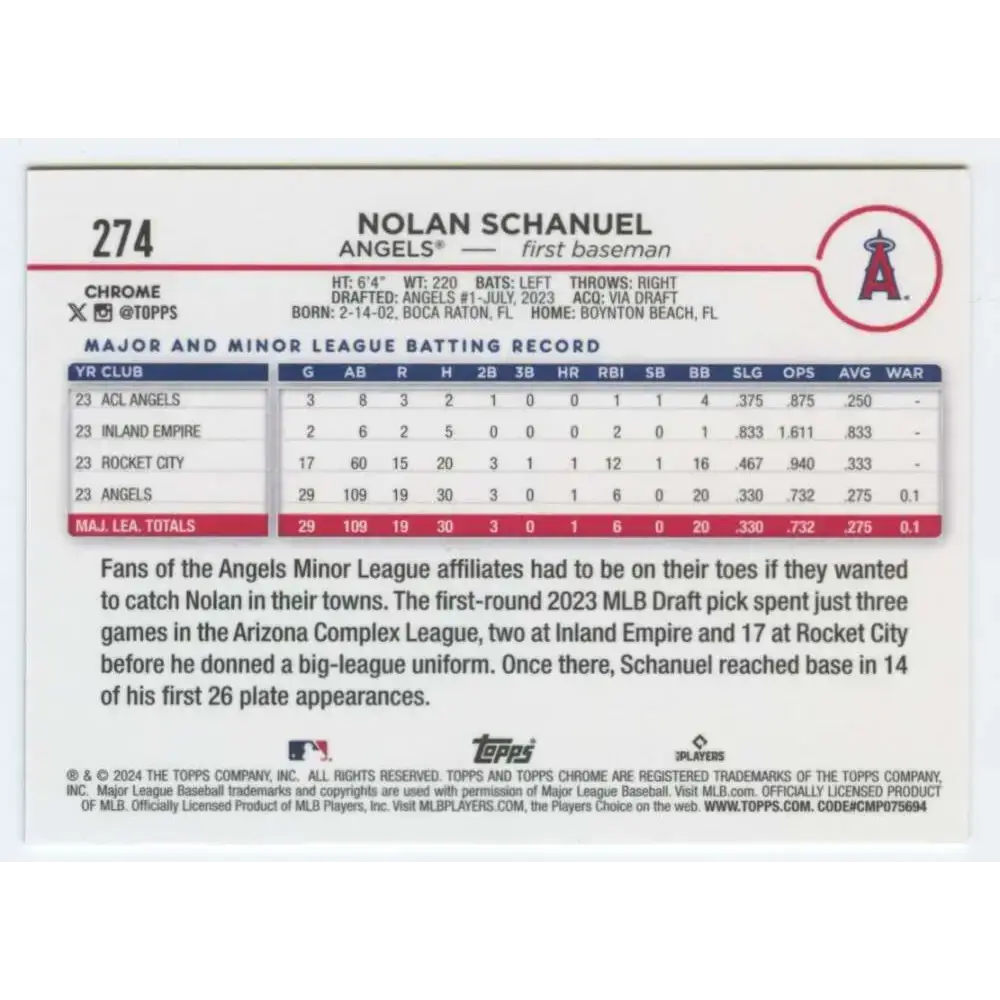 2024 Topps Chrome #274 Nolan Schanuel NM-MT RC Rookie Los Angeles Angels Baseball Card - Baseball Card Single