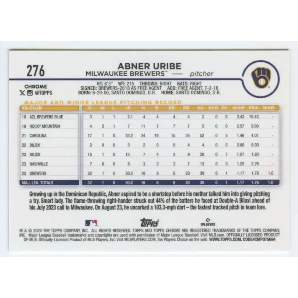 2024 Topps Chrome #276 Abner Uribe NM-MT RC Rookie Milwaukee Brewers Baseball Card - Baseball Card Single