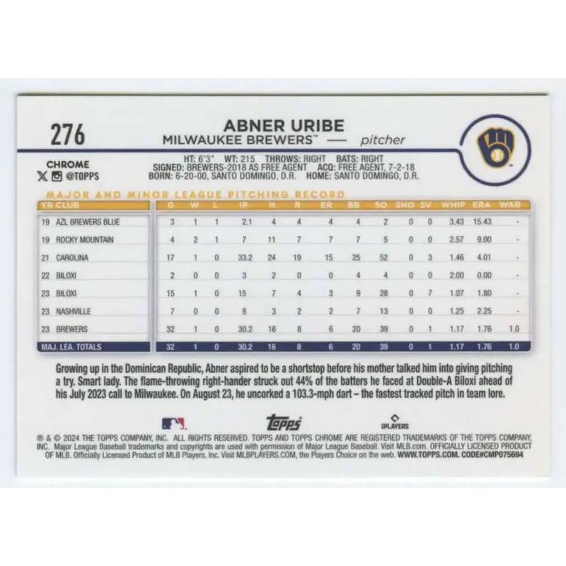 2024 Topps Chrome #276 Abner Uribe NM-MT RC Rookie Milwaukee Brewers Baseball Card - Baseball Card Single