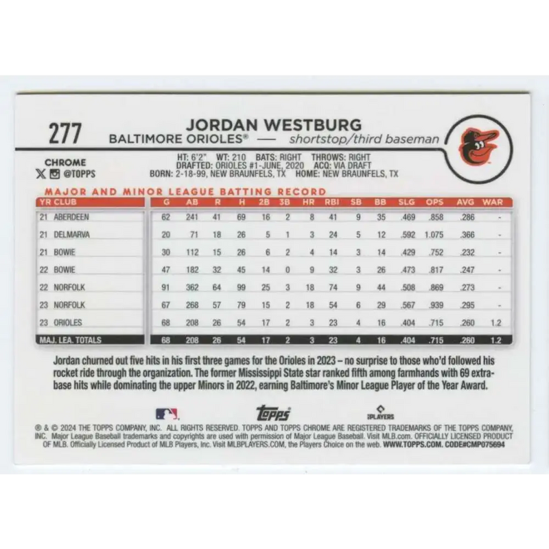 2024 Topps Chrome #277 Jordan Westburg NM-MT RC Rookie Baltimore Orioles Baseball Card - Baseball Card Single