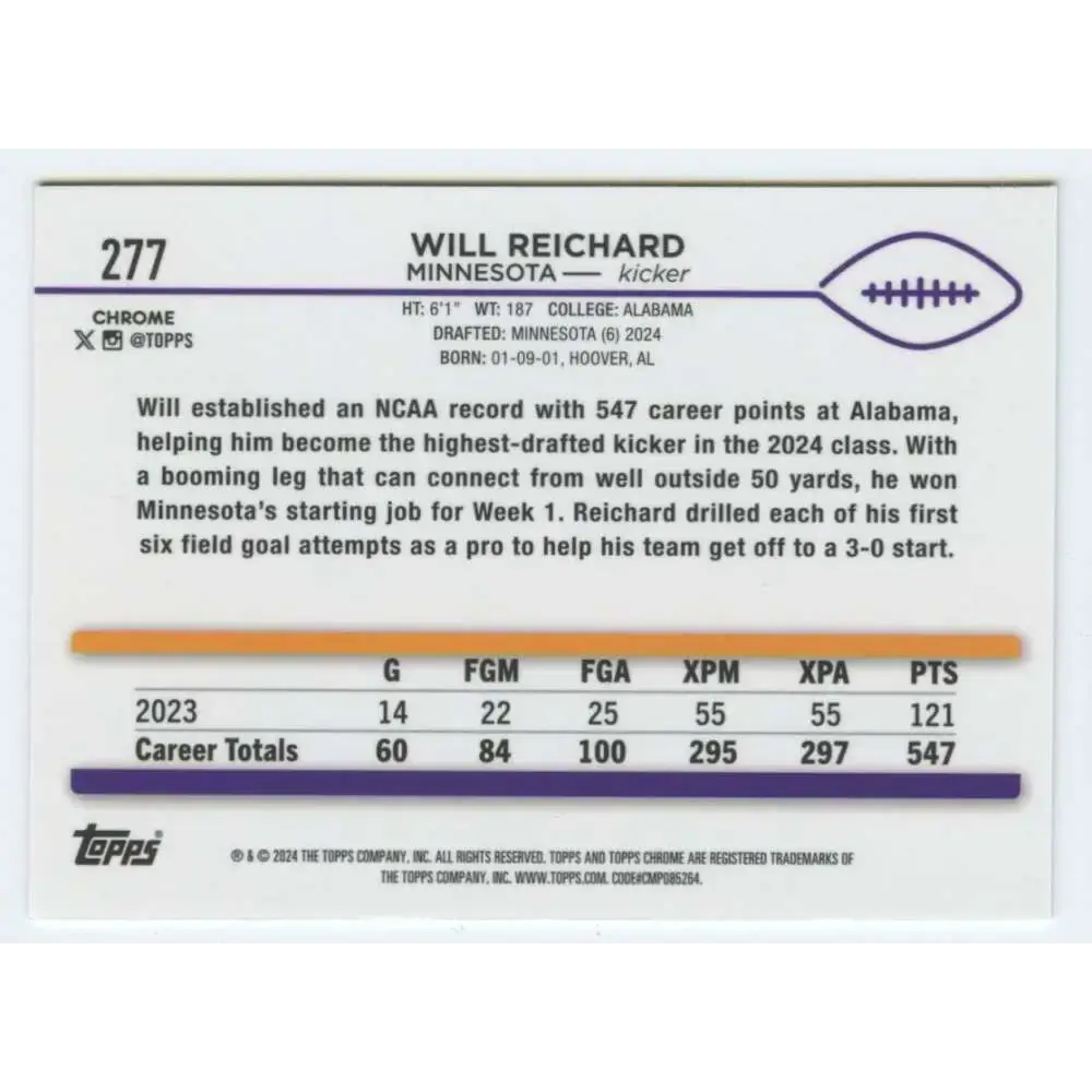 2024 Topps Chrome #277 Will Reichard NM-MT RC Rookie Minnesota Vikings Football Card - Football Card Single