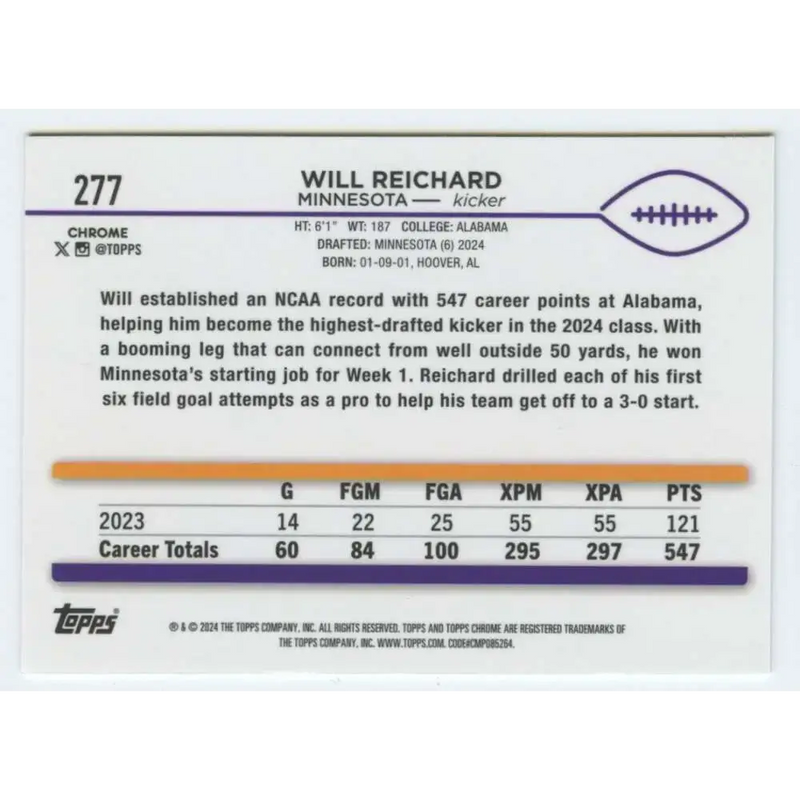 2024 Topps Chrome #277 Will Reichard NM-MT RC Rookie Minnesota Vikings Football Card - Football Card Single