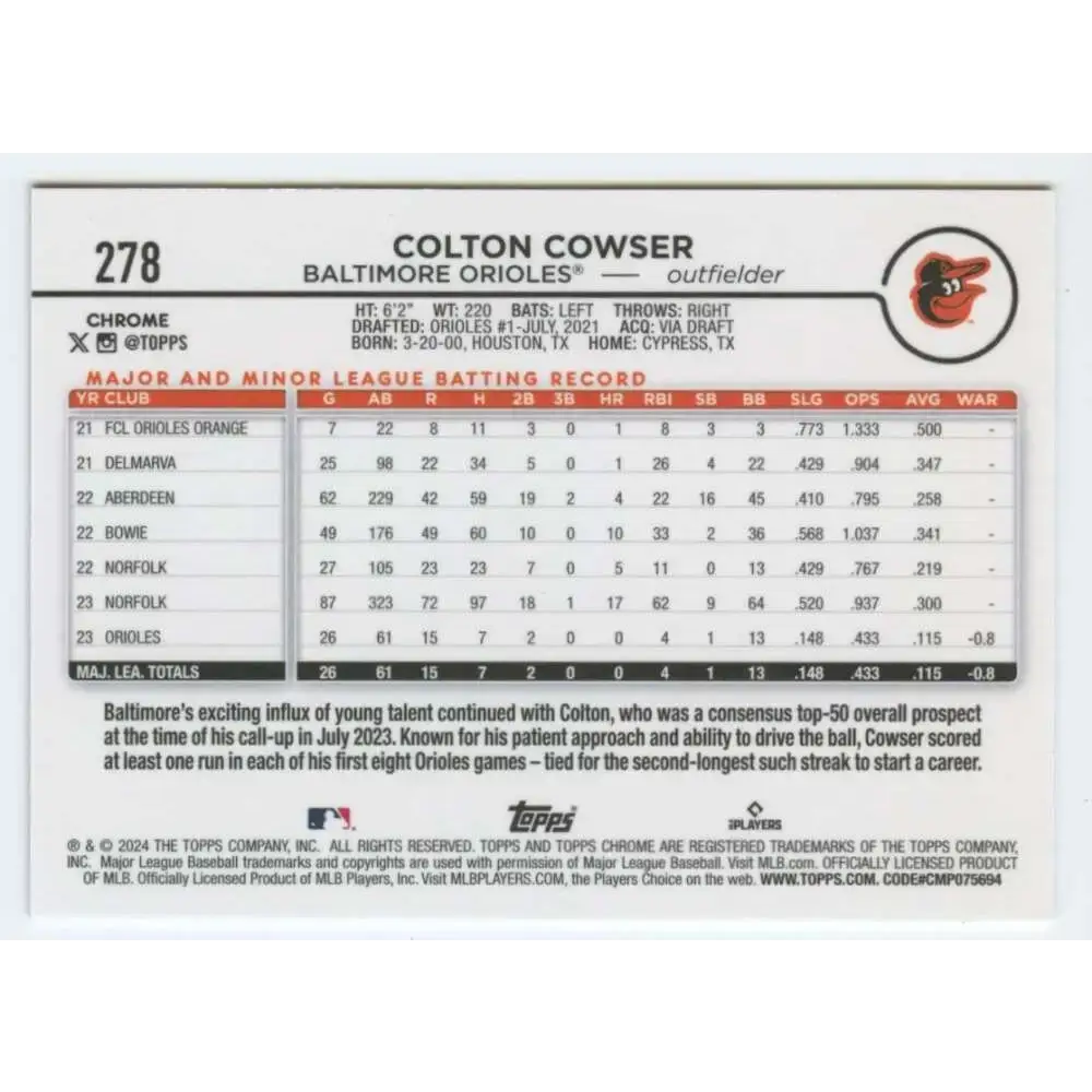 2024 Topps Chrome #278 Colton Cowser NM-MT RC Rookie Baltimore Orioles Baseball Card - Baseball Card Single