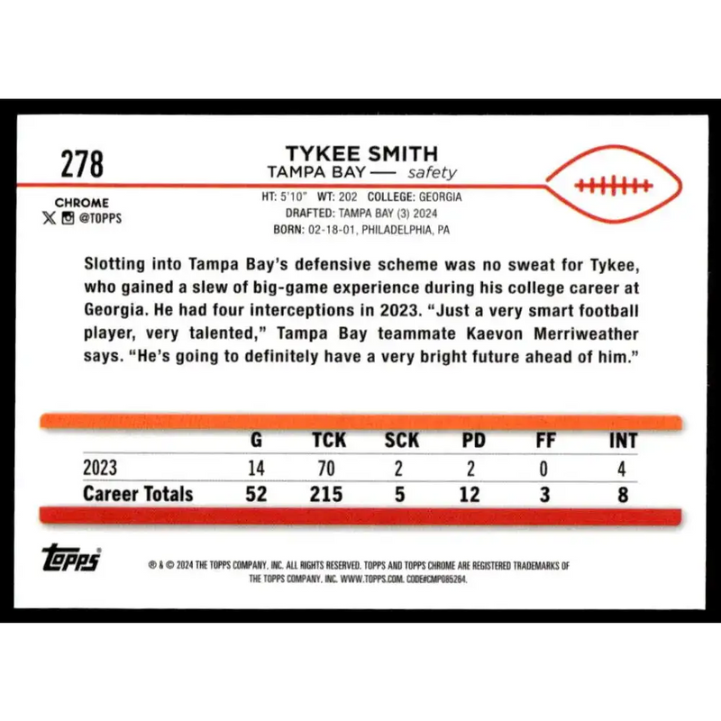 2024 Topps Chrome #278 Tykee Smith NM-MT RC Rookie Tampa Bay Buccaneers Football Card - Football Card Single