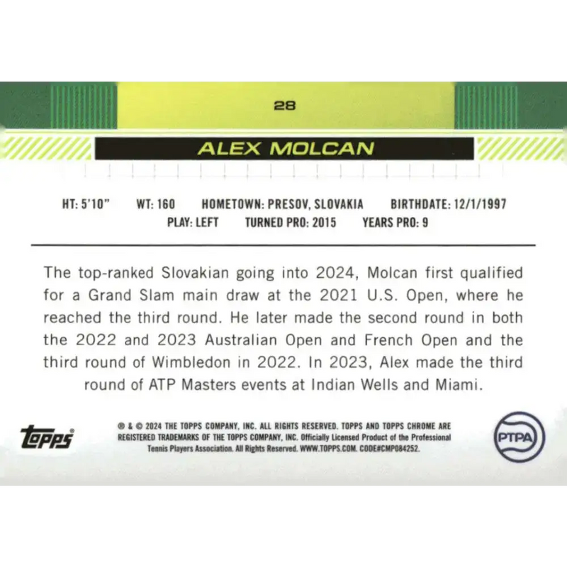 2024 Topps Chrome #28 Alex Molcan EX Excellent Tennis Card - Other