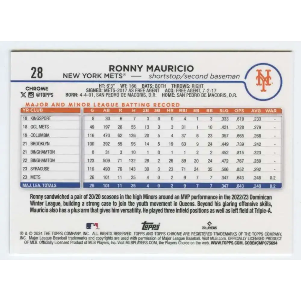 2024 Topps Chrome #28 Ronny Mauricio NM-MT RC Rookie New York Mets Baseball Card - Baseball Card Single