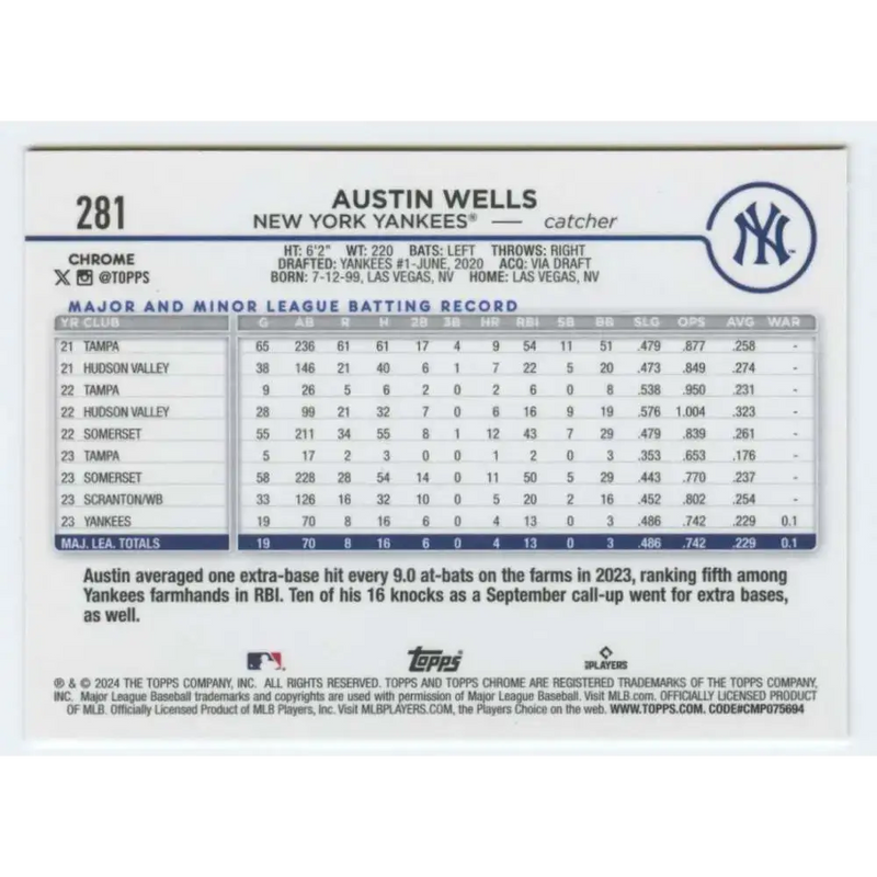 2024 Topps Chrome #281 Austin Wells NM-MT RC Rookie New York Yankees Baseball Card - Baseball Card Single